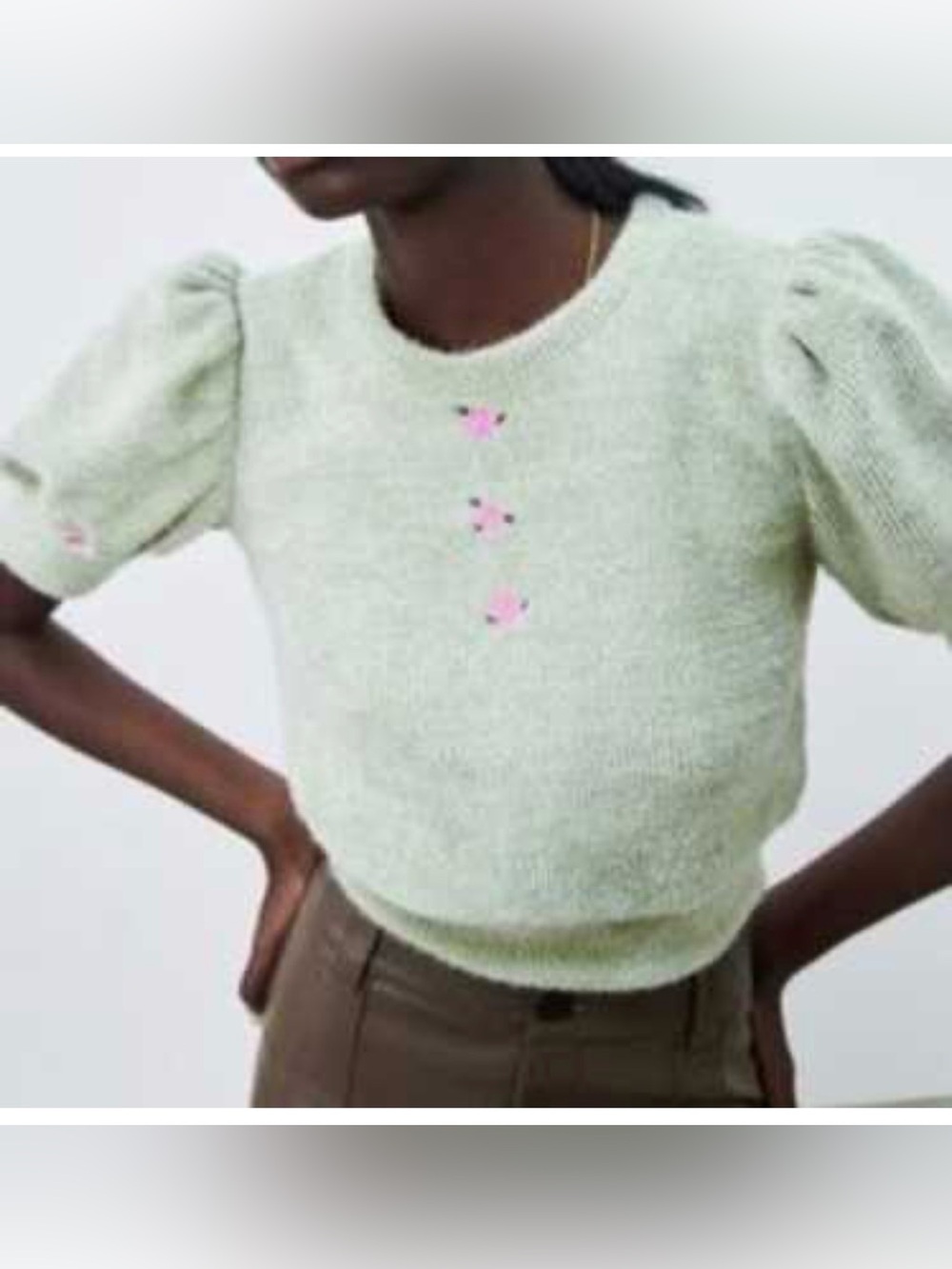 Zara Mint Green Puff-Sleeve Knit Sweater with Pink Floral Embroidery